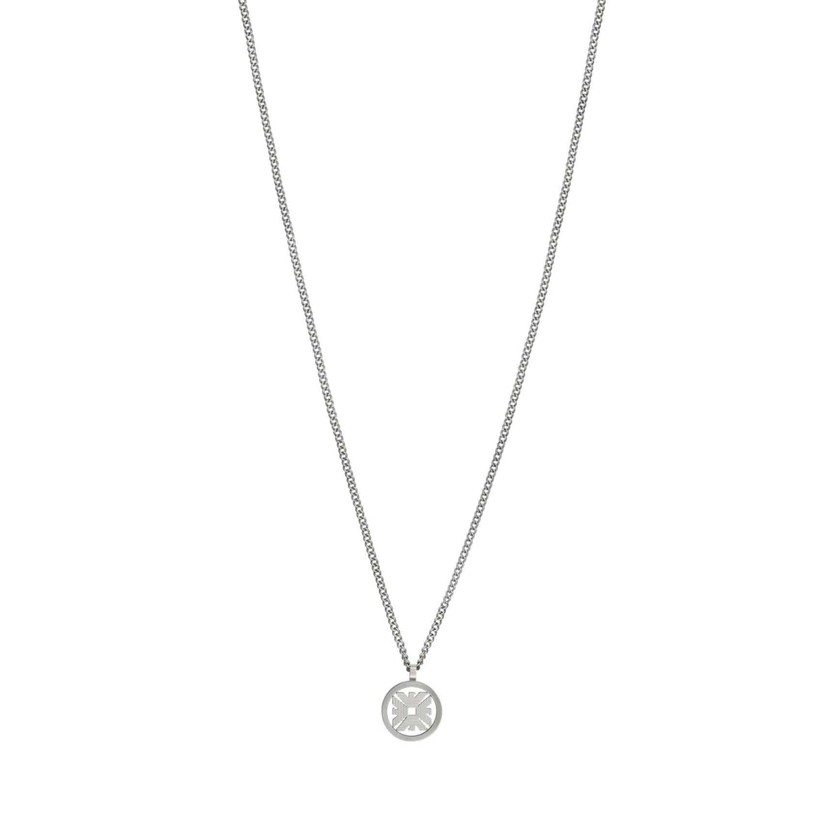 Ανδρικό κολιέ Emporio Armani Eagle Logo EGS3040040 με ατσάλινη αλυσίδα σε ασημί χρώμα και στρογγυλό μενταγιόν με λογότυπο.