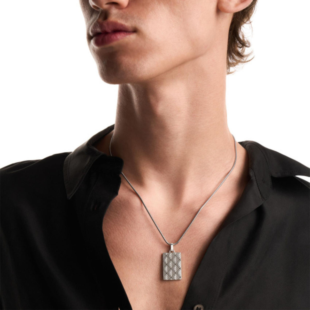 Ανδρικό κολιέ Emporio Armani Eagle Logo EGS3362040 ταυτότητα ασημί φορεμένο στον λαιμό