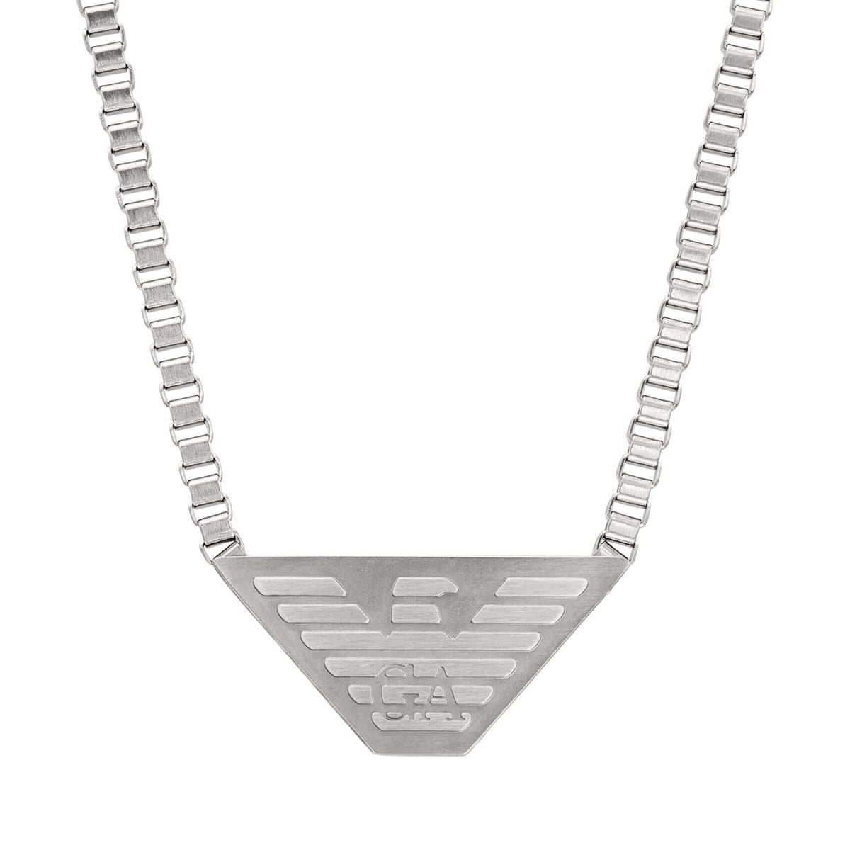 Ανδρικό κολιέ Emporio Armani EGS2984040 με ατσάλινη αλυσίδα-ασημί και κρεμαστό τρίγωνο στοιχείο σε ασημί χρώμα.