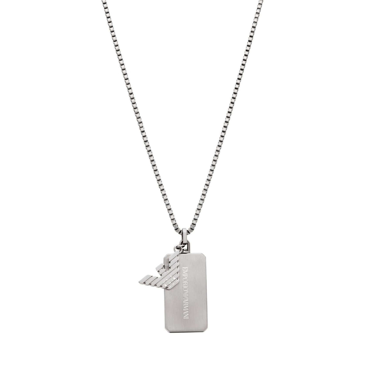 Ανδρικό κολιέ Emporio Armani EGS3167040 με ατσάλινη αλυσίδα σε ασημί χρώμα και κρεμαστό μοτίφ ταυτότητα σε ασημί χρώμα.