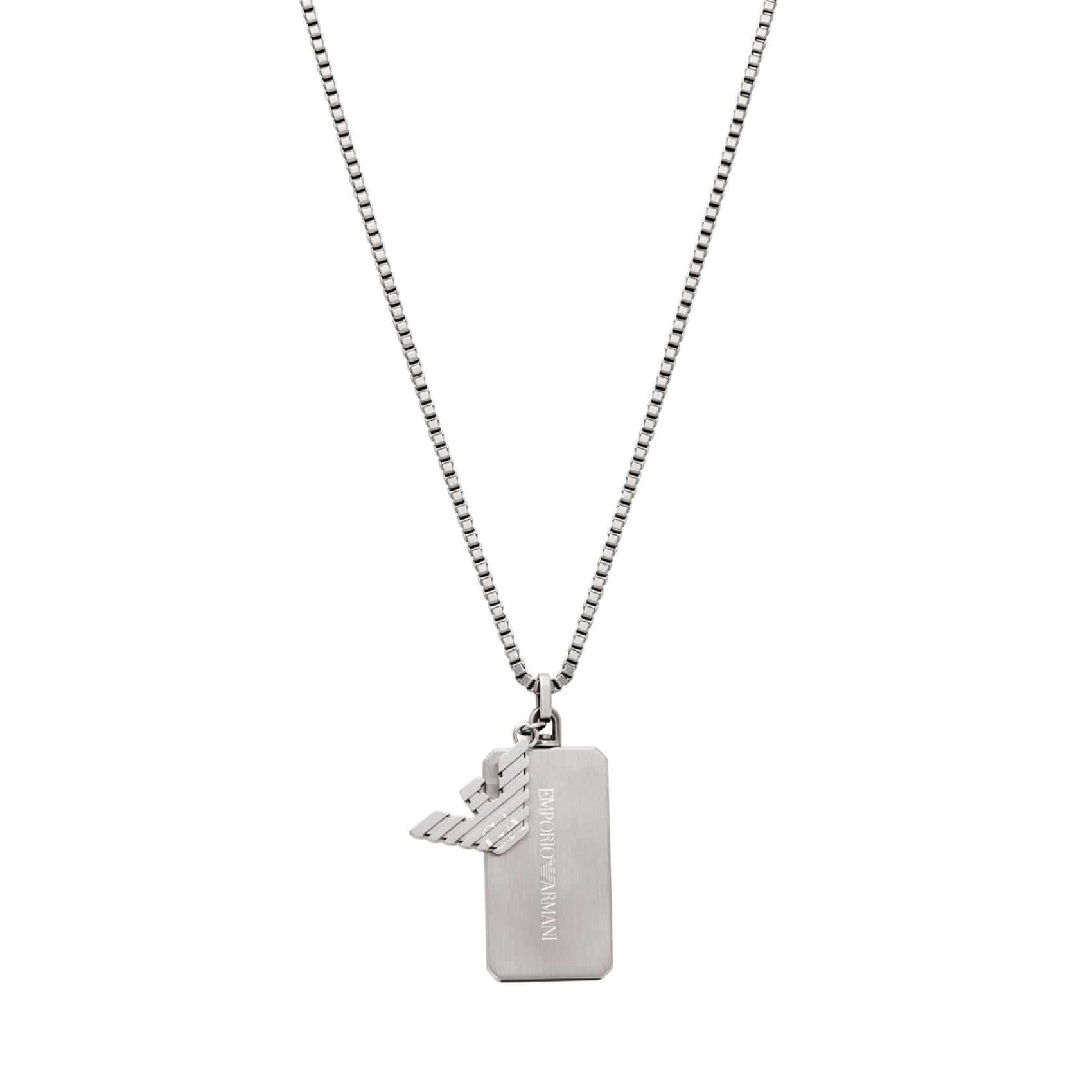 Ανδρικό κολιέ Emporio Armani EGS3167040 με ατσάλινη αλυσίδα σε ασημί χρώμα και κρεμαστό μοτίφ ταυτότητα σε ασημί χρώμα.