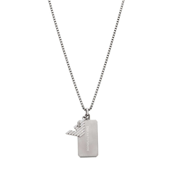 Ανδρικό κολιέ Emporio Armani EGS3167040 με ατσάλινη αλυσίδα σε ασημί χρώμα και κρεμαστό μοτίφ ταυτότητα σε ασημί χρώμα.