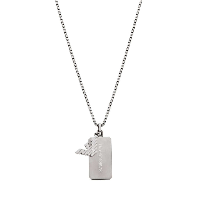 Ανδρικό κολιέ Emporio Armani EGS3167040 με ατσάλινη αλυσίδα σε ασημί χρώμα και κρεμαστό μοτίφ ταυτότητα σε ασημί χρώμα.