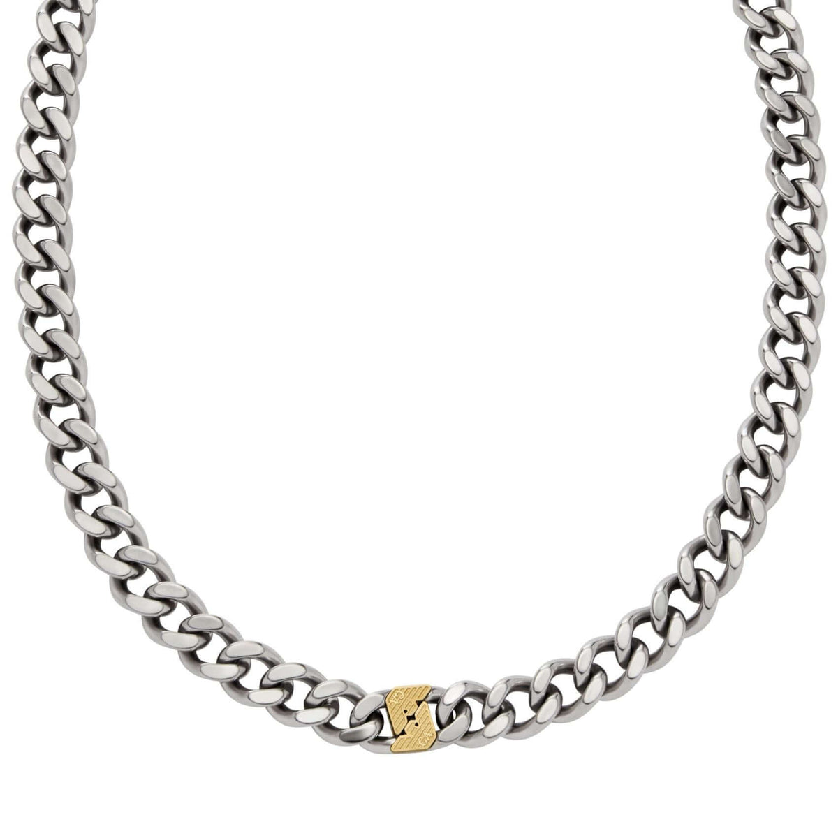 Ανδρικό ασημί κολιέ Emporio Armani EGS3187040 με ατσάλινη αλυσίδα και χρυσό στοιχείο κρίκο-κρίκο, σε φωτογραφία που αναδεικνύει την υφή και τη λεπτομέρεια του σχεδιασμού.