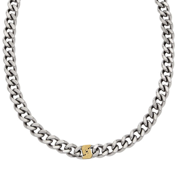 Ανδρικό ασημί κολιέ Emporio Armani EGS3187040 με ατσάλινη αλυσίδα και χρυσό στοιχείο κρίκο-κρίκο, σε φωτογραφία που αναδεικνύει την υφή και τη λεπτομέρεια του σχεδιασμού.