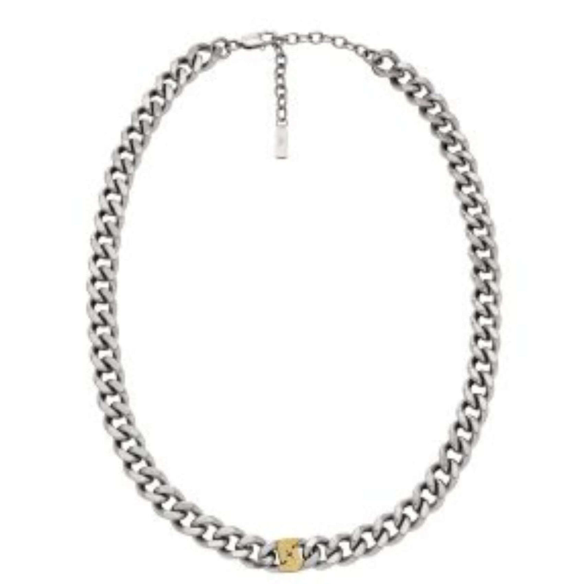 Φωτογραφία του ανδρικού κολιέ Emporio Armani EGS3187040, με έμφαση στην ασημί ατσάλινη αλυσίδα, το χρυσό στοιχείο και την ποιότητα της κατασκευής.