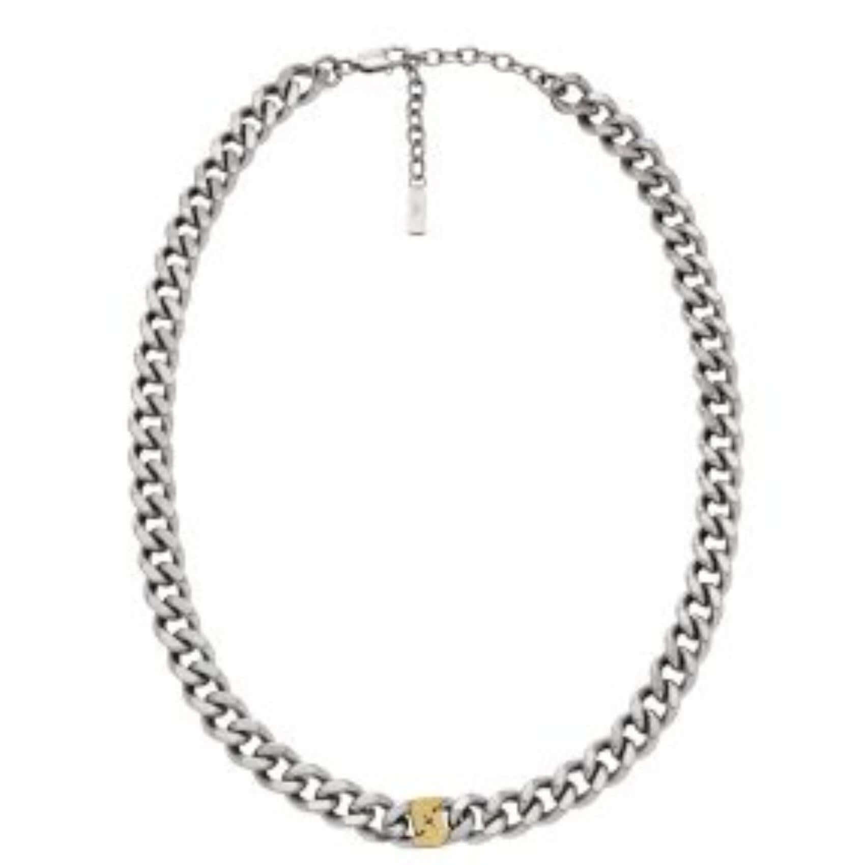 Φωτογραφία του ανδρικού κολιέ Emporio Armani EGS3187040, με έμφαση στην ασημί ατσάλινη αλυσίδα, το χρυσό στοιχείο και την ποιότητα της κατασκευής.