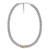 Φωτογραφία του ανδρικού κολιέ Emporio Armani EGS3187040, με έμφαση στην ασημί ατσάλινη αλυσίδα, το χρυσό στοιχείο και την ποιότητα της κατασκευής.