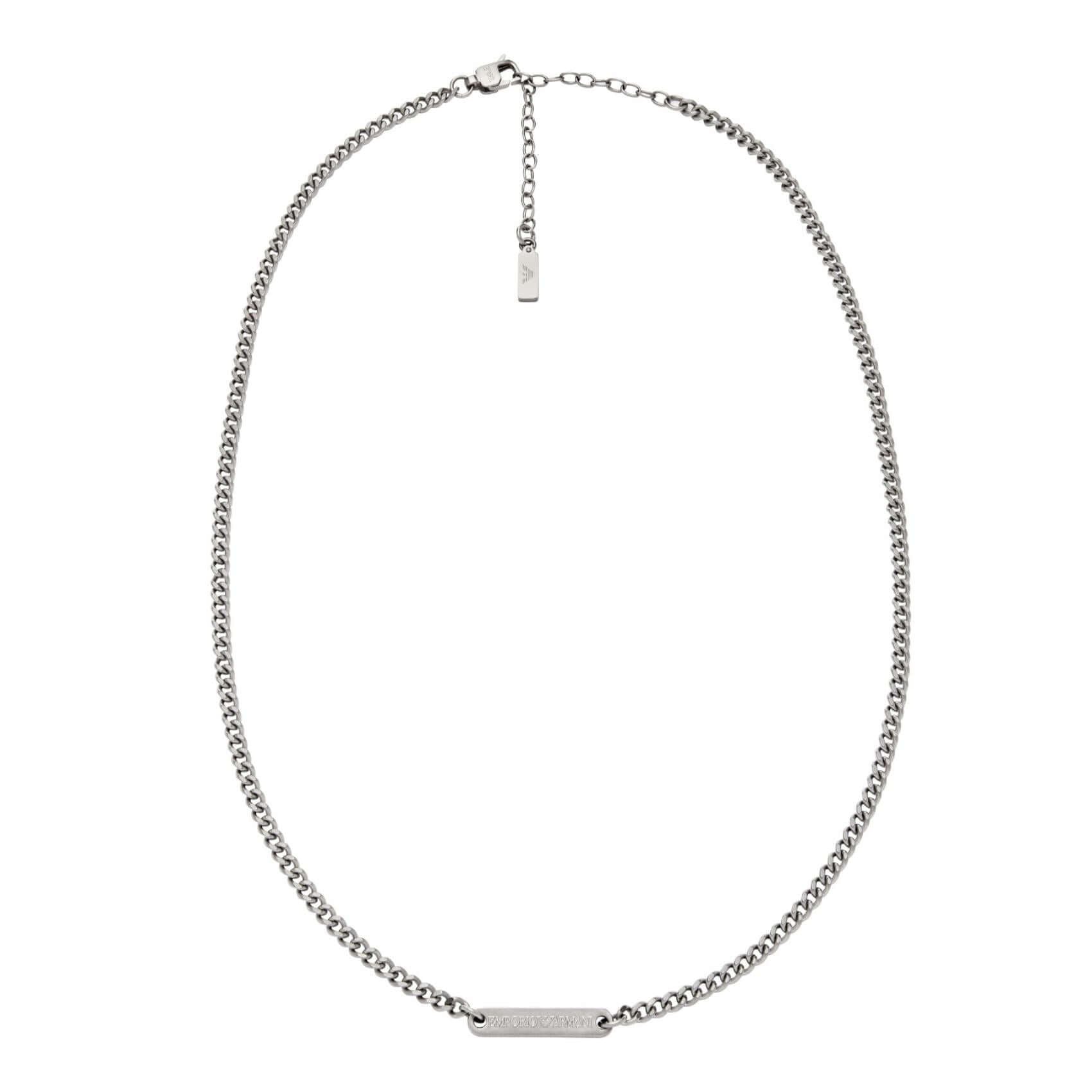 Ανδρικό κολιέ Emporio Armani EGS3188040 ατσάλινο με αλυσίδα και ταυτότητα σε ασημί χρώμα, κοντινό.