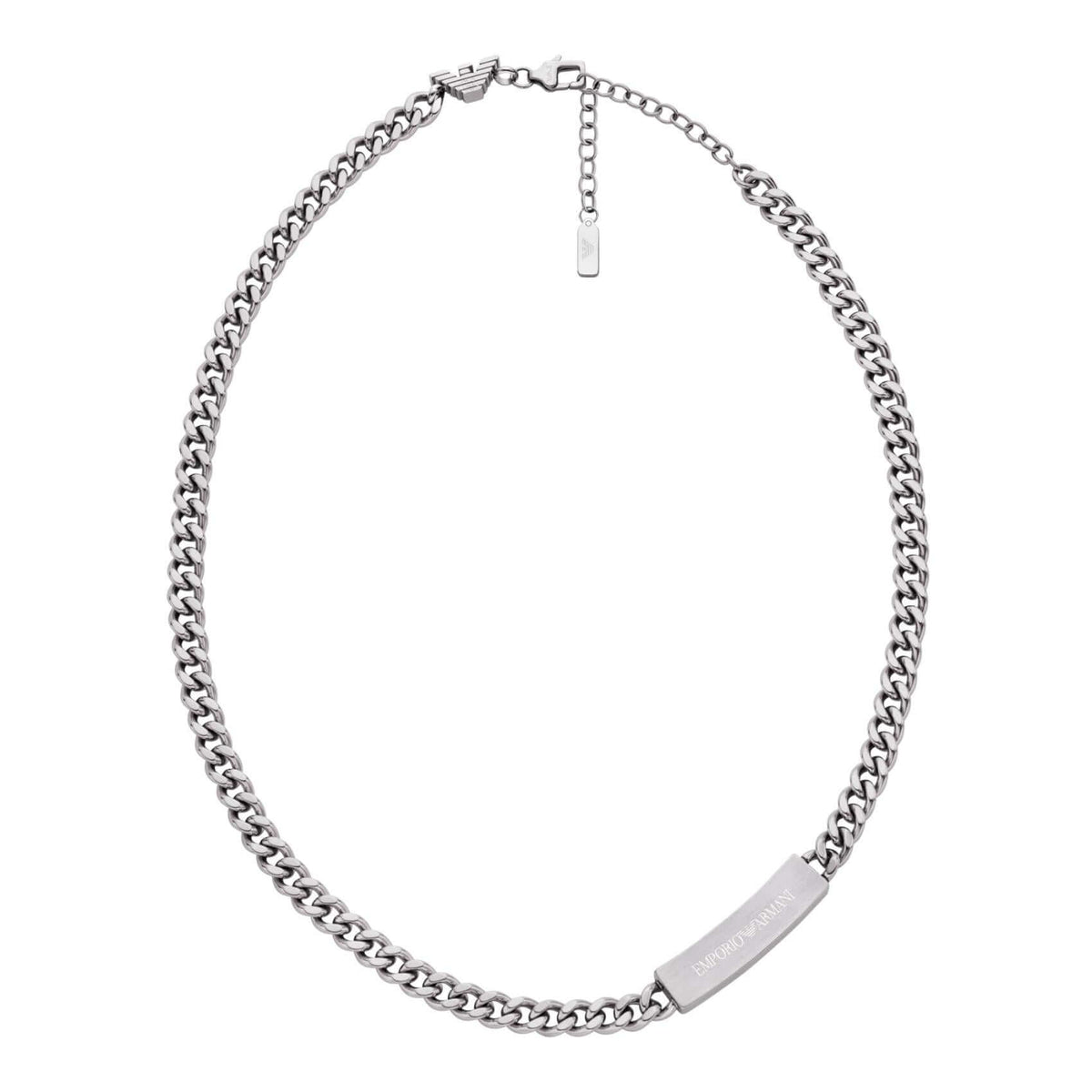 Ανδρικό κολιέ Emporio Armani EGS3303040 από ανοξείδωτο ατσάλι σε ασημί χρώμα με ενσωματωμένο μοτίφ ταυτότητα στην αλυσίδα.