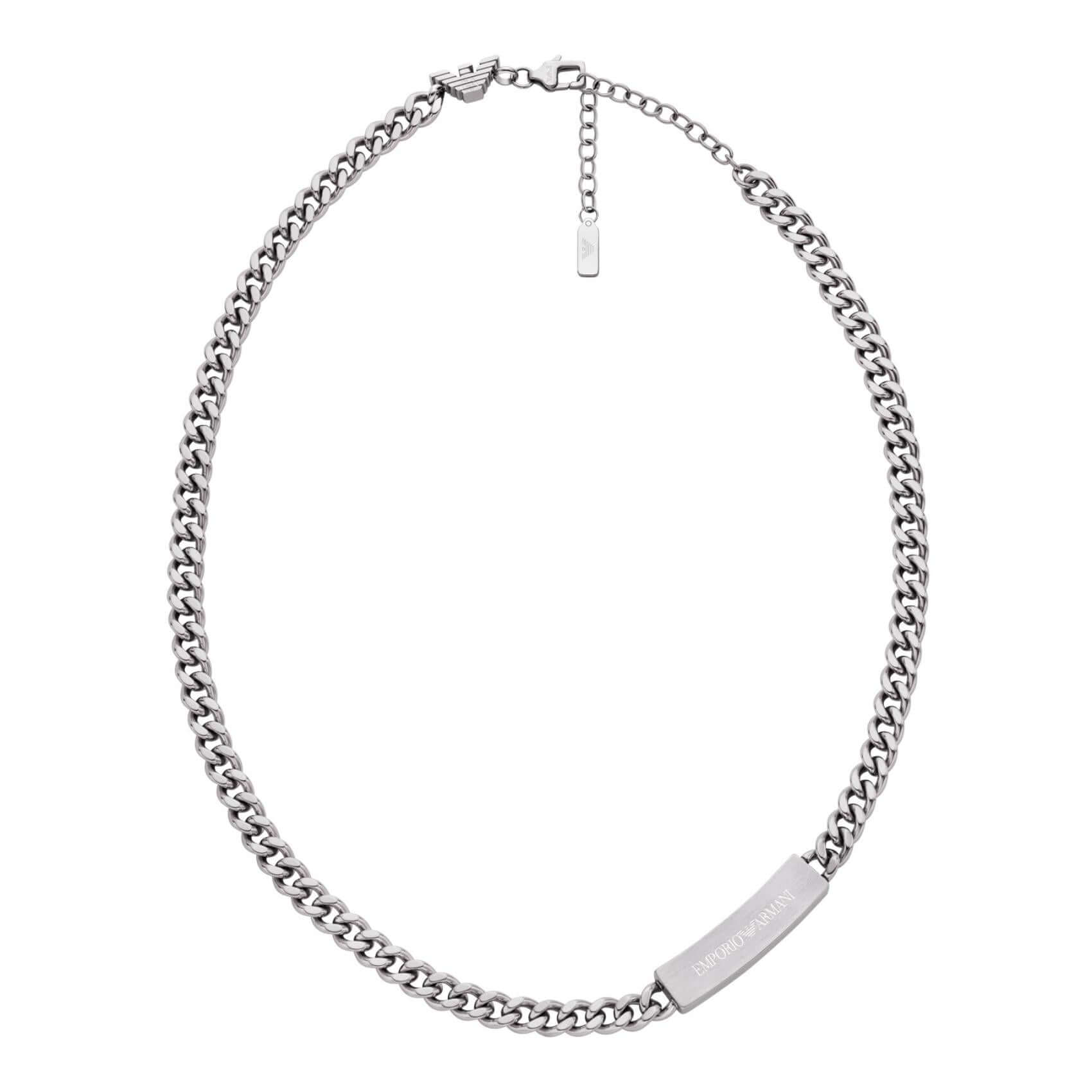 Ανδρικό κολιέ Emporio Armani EGS3303040 από ανοξείδωτο ατσάλι σε ασημί χρώμα με ενσωματωμένο μοτίφ ταυτότητα στην αλυσίδα.