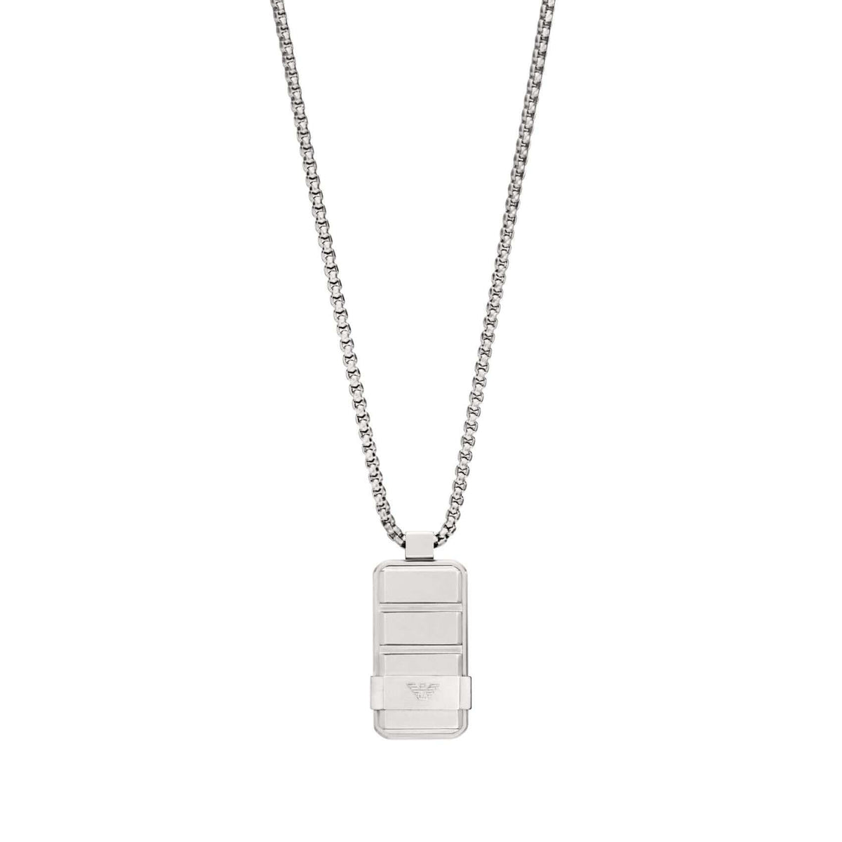 Ανδρικό κολιέ Emporio Armani EGS3078040 με ατσάλινη αλυσίδα σε ασημί χρώμα και κρεμαστή ταυτότητα σε ασημί χρώμα.
