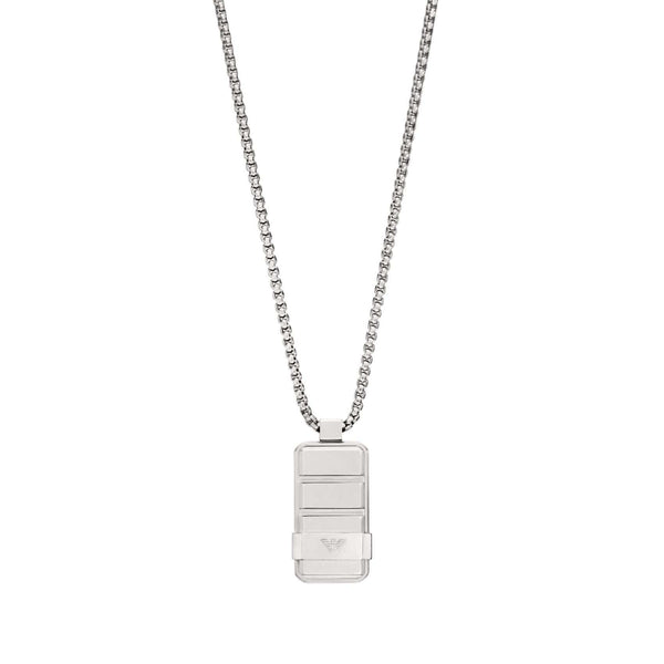 Ανδρικό κολιέ Emporio Armani EGS3078040 με ατσάλινη αλυσίδα σε ασημί χρώμα και κρεμαστή ταυτότητα σε ασημί χρώμα.