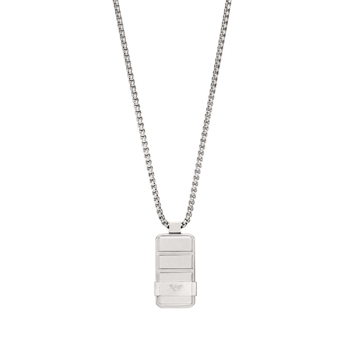 Ανδρικό κολιέ Emporio Armani EGS3078040 με ατσάλινη αλυσίδα σε ασημί χρώμα και κρεμαστή ταυτότητα σε ασημί χρώμα.