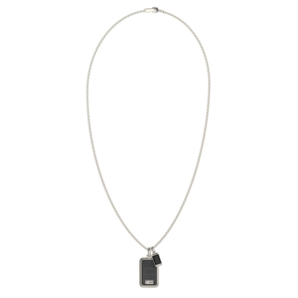 Ανδρικό κολιέ Guess Barrio JUMN06065JWSTBKT/U ασημί με μαύρη ταυτότητα, πέτρες και λογότυπο Guess