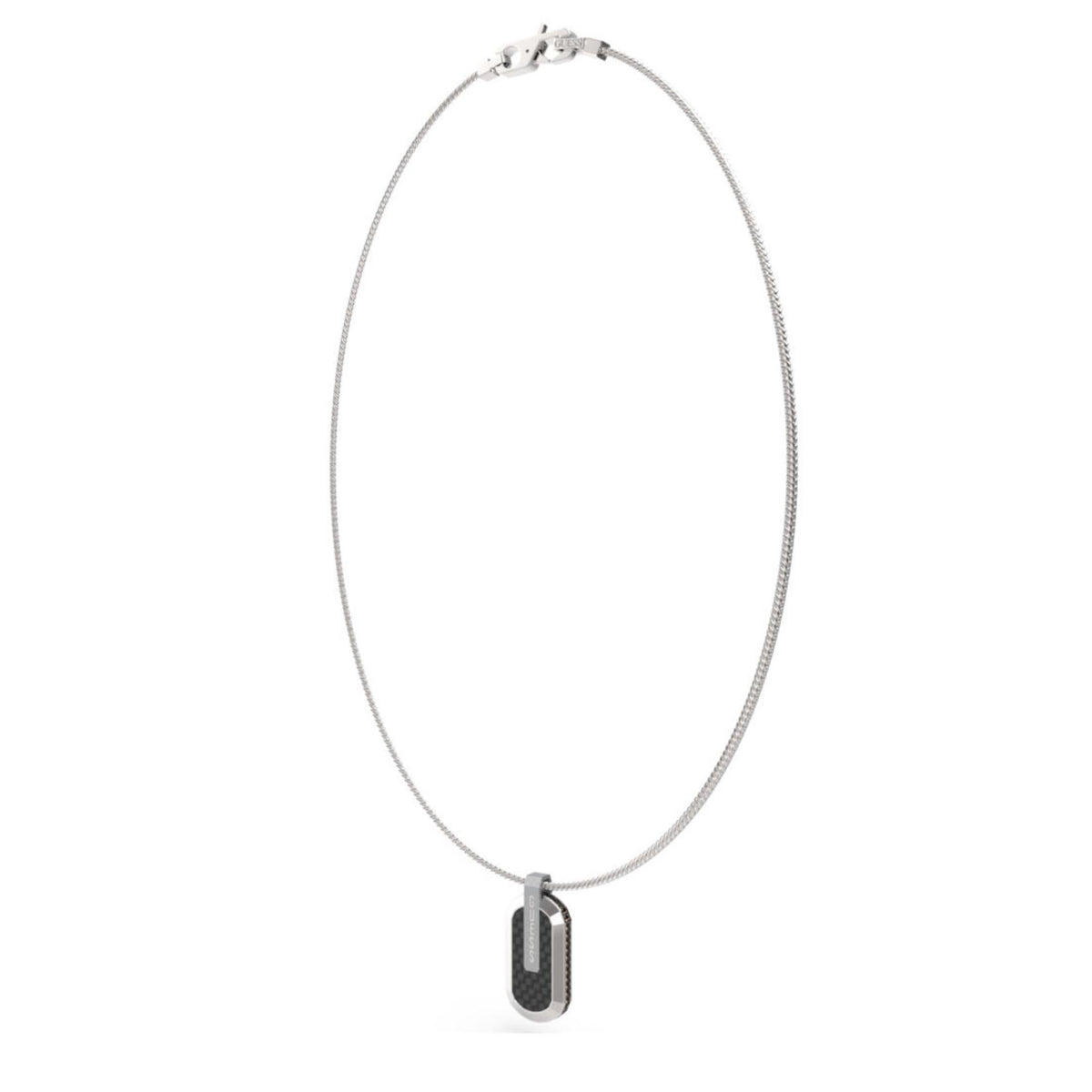 Ανδρικό κολιέ Guess Racer Tag JUMN04038JWSTBKT/U ασημί με μαύρο μενταγιόν και λογότυπο Guess