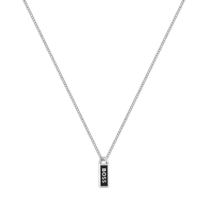 Ανδρικό κολιέ Boss 1580677 ατσάλινο σε ασημί χρώμα με κρεμαστό στοιχείο διπλής όψεως σε μαύρο χρώμα.