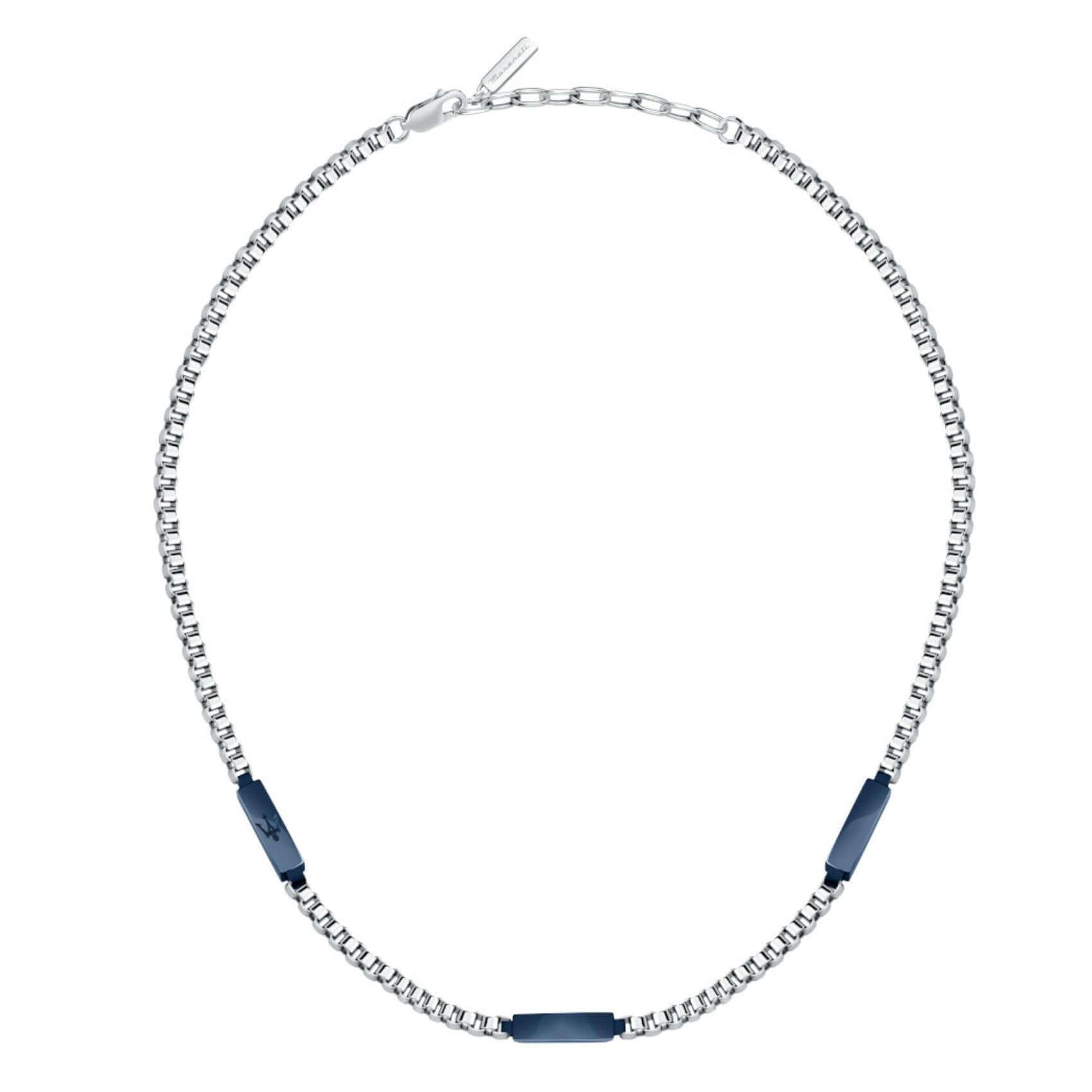 Maserati Ανδρικό κολιέ JM425AVD109 από ανοξείδωτο ατσάλι σε ασημί χρώμα, με μπλε ενσωματωμένα στοιχεία και αλυσίδα 45-50cm.