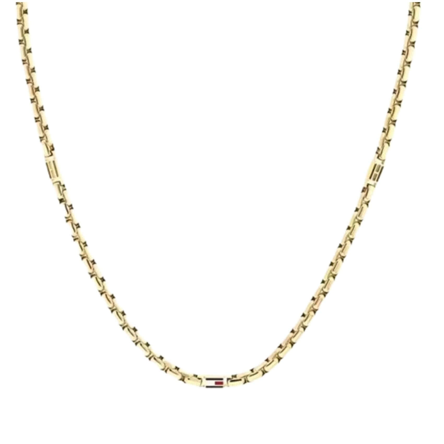Ανδρικό κολιέ Tommy Hilfiger 2790673 από ανοξείδωτο ατσάλι σε χρυσό χρώμα με πλεχτή αλυσίδα 55cm και μοτίφ λογότυπο.