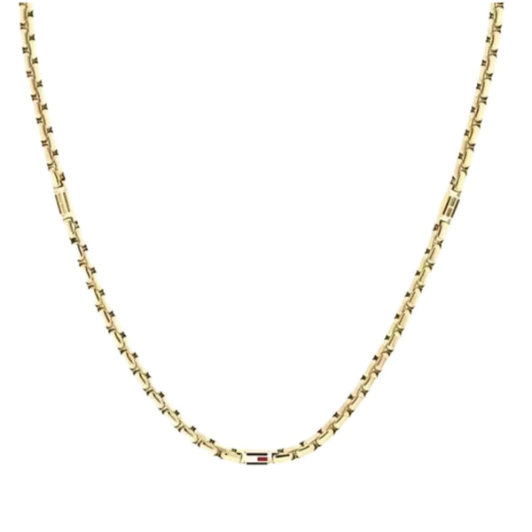 Ανδρικό κολιέ Tommy Hilfiger 2790673 από ανοξείδωτο ατσάλι σε χρυσό χρώμα με πλεχτή αλυσίδα 55cm και μοτίφ λογότυπο.