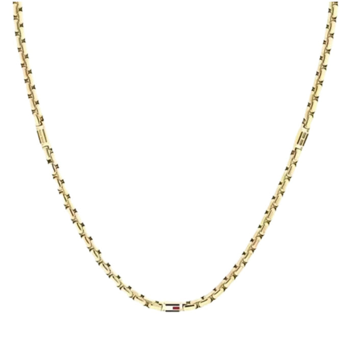 Ανδρικό κολιέ Tommy Hilfiger 2790673 από ανοξείδωτο ατσάλι σε χρυσό χρώμα με πλεχτή αλυσίδα 55cm και μοτίφ λογότυπο.