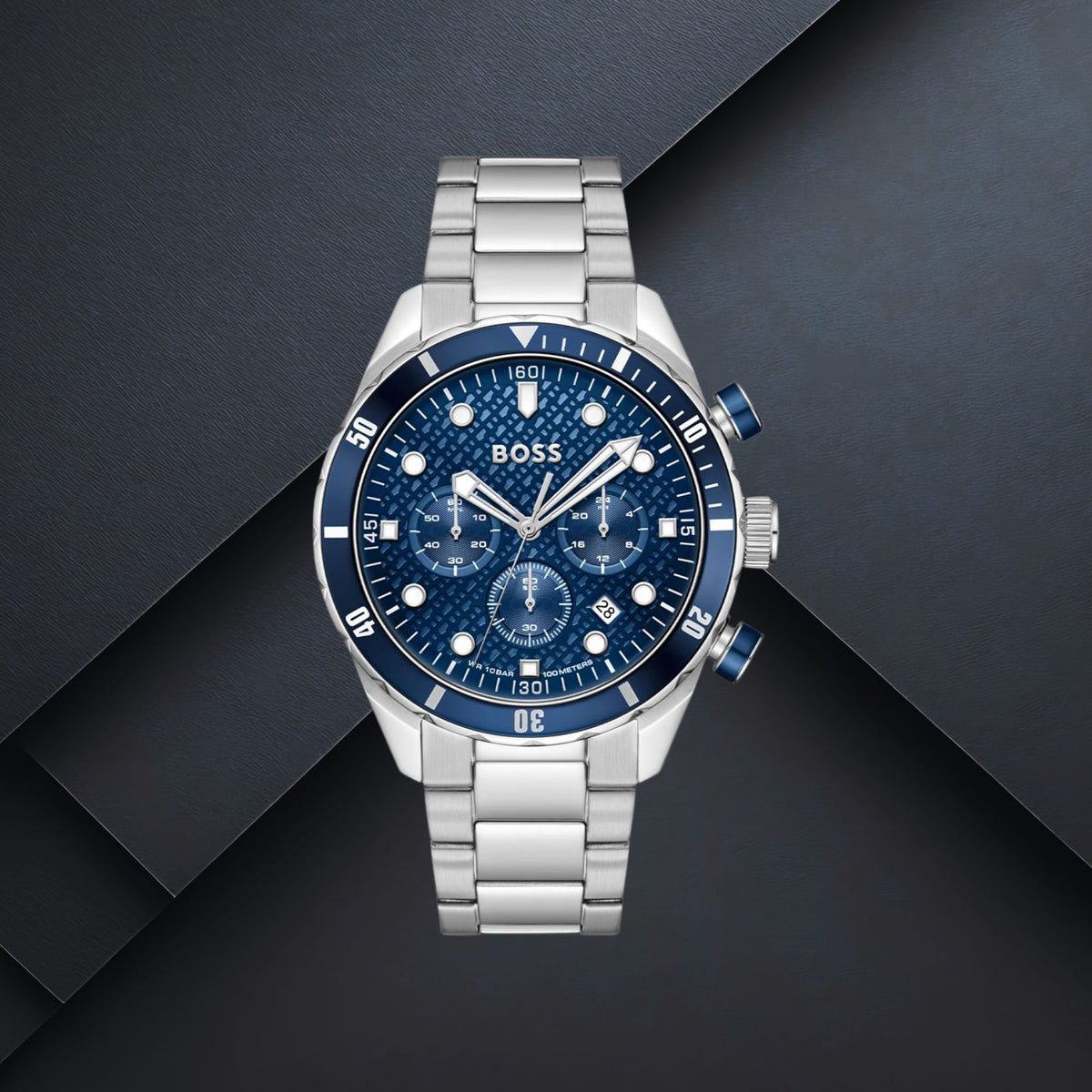 Ανδρικό ρολόι Boss Chronomatix 1514338 με ασημί μπρασελέ, μπλε καντράν 44mm, ημερομηνία και χρονογράφο