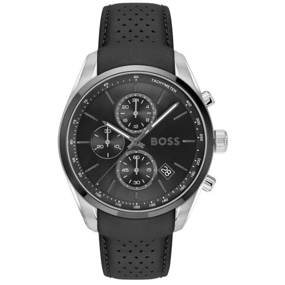 Ανδρικό ρολόι Boss Grand Prix 1514224 με μαύρο δερμάτινο λουράκι και μαύρο καντράν