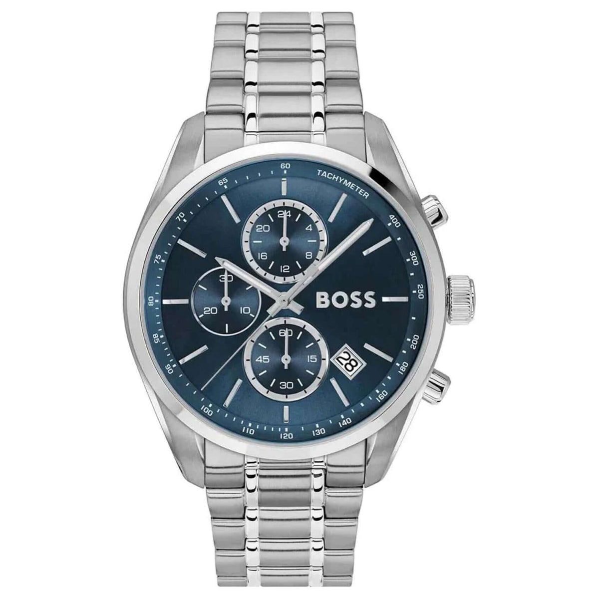 Ανδρικό ρολόι Boss Grand Prix 1514226 με ασημί μπρασελέ από ανοξείδωτο ατσάλι, μπλε καντράν 44mm, χρονογράφο, ταχύμετρο και ένδειξη ημερομηνίας.