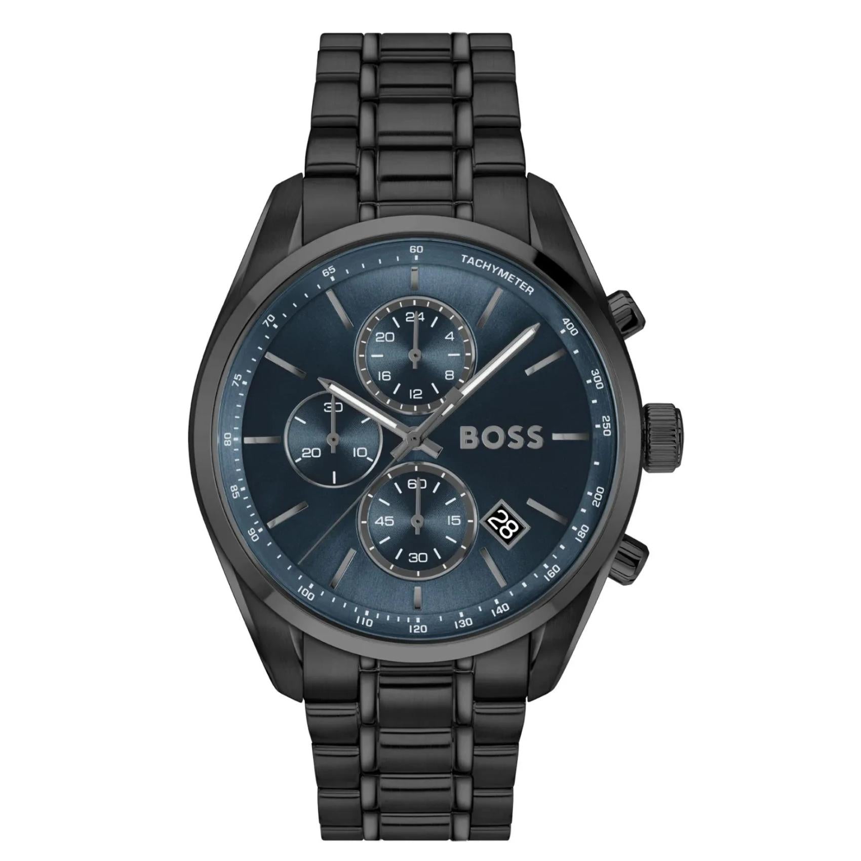Ανδρικό ρολόι Boss Grand Prix 1514314 με μαύρο μπρασελέ και μπλε καντράν