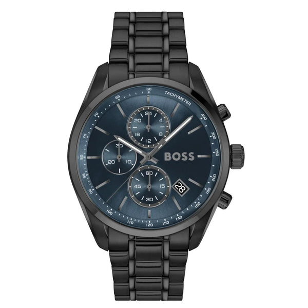 Ανδρικό ρολόι Boss Grand Prix 1514314 με μαύρο μπρασελέ και μπλε καντράν