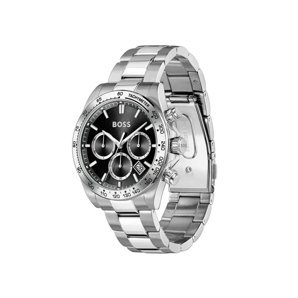 Μαύρο καντράν 43mm του ανδρικού ρολογιού Boss Hero 1514267 με χρονογράφο, ένδειξη ημερομηνίας και ορυκτό κρύσταλλο ειδικής σκλήρυνσης.
