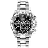 Ανδρικό ρολόι Boss Hero 1514267 χρονογράφος με ασημί μπρασελέ από ανοξείδωτο ατσάλι, μαύρο καντράν 43mm και ένδειξη ημερομηνίας.