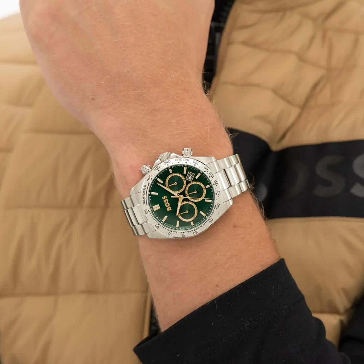 Ανδρικό Ρολόι Boss Hero 1514268 με Ασημί Μπρασελέ & Πράσινο Καντράν