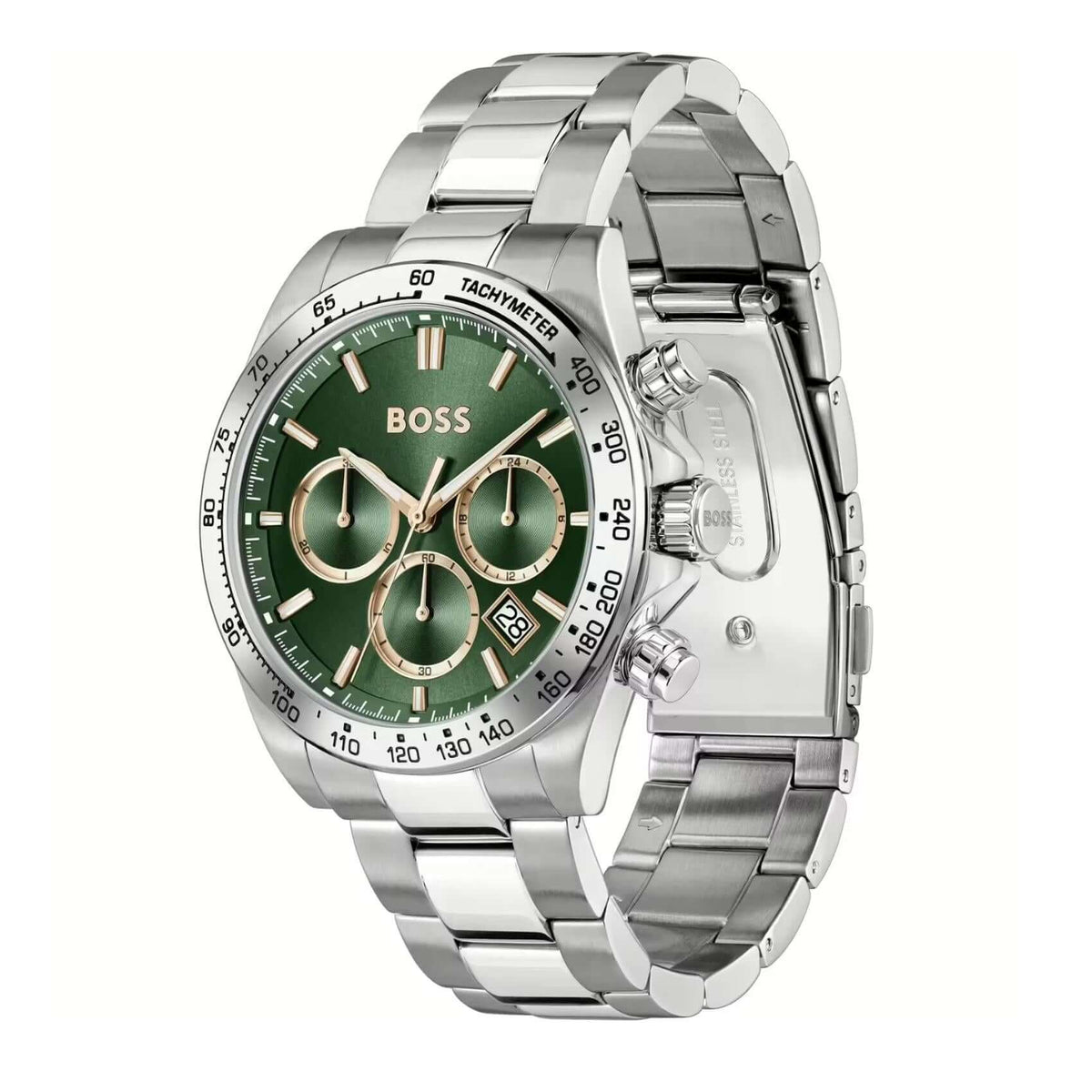 Πράσινο καντράν 43mm του ανδρικού ρολογιού Boss Hero 1514268 με χρονογράφο, ένδειξη ημερομηνίας και ορυκτό κρύσταλλο ειδικής σκλήρυνσης.