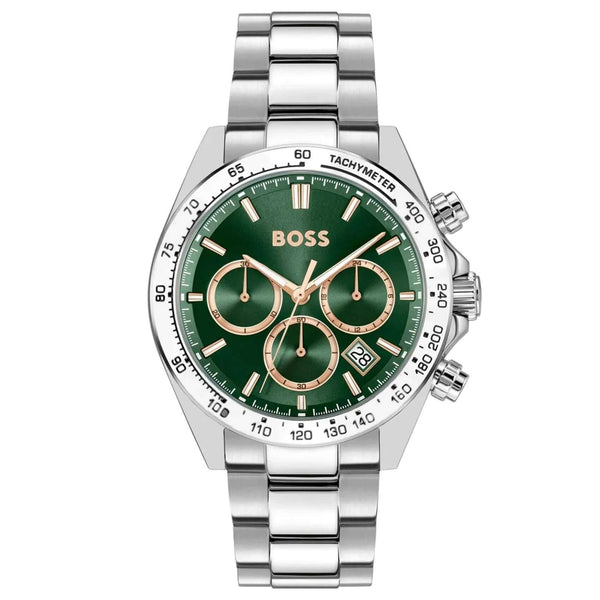Ανδρικό ρολόι Boss Hero 1514268 χρονογράφος με ασημί μπρασελέ από ανοξείδωτο ατσάλι, πράσινο καντράν 43mm και ένδειξη ημερομηνίας.