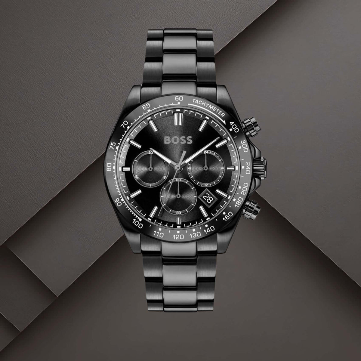 Μαύρο μπρασελέ του ανδρικού ρολογιού Boss Hero 1514271 από ανοξείδωτο ατσάλι με κούμπωμα ασφαλείας.