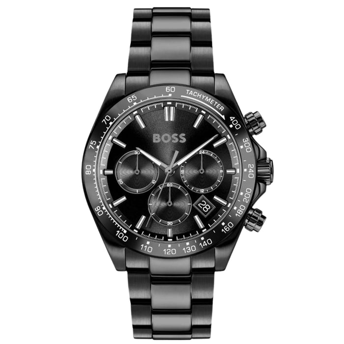 Ανδρικό ρολόι Boss Hero 1514271 χρονογράφος με μαύρο μπρασελέ από ανοξείδωτο ατσάλι, μαύρο καντράν 43mm και ένδειξη ημερομηνίας.