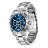 Μπλε καντράν 44mm του ανδρικού ρολογιού Boss Hero 1514315 με χρονογράφο, ένδειξη ημερομηνίας, διπλή ώρα και ορυκτό κρύσταλλο ειδικής σκλήρυνσης.