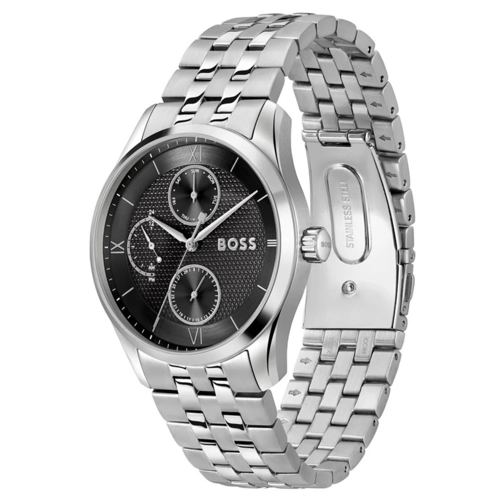 Μαύρο καντράν ρολογιού Boss 1514274 διαμέτρου 41mm με ένδειξη ημέρας, ημερομηνίας και διπλής ώρας.