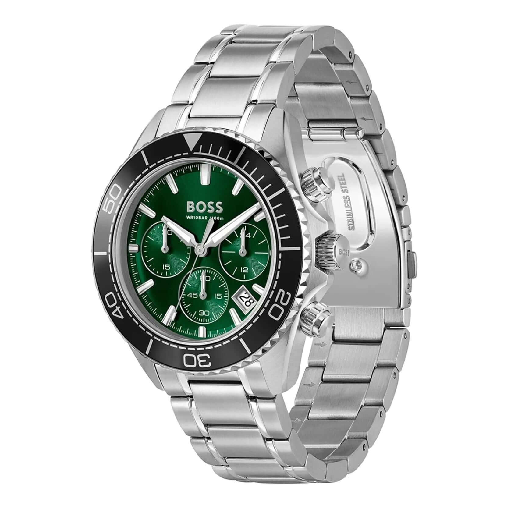 Πράσινο καντράν 44mm του ανδρικού ρολογιού Boss Sealiner 1514321 με χρονογράφο, ένδειξη ημερομηνίας και διπλή ώρα.