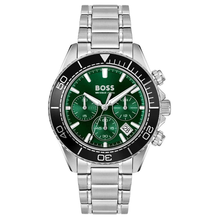 Ανδρικό ρολόι Boss Sealiner 1514321 χρονογράφος με ασημί μπρασελέ από ανοξείδωτο ατσάλι, πράσινο καντράν 44mm, ένδειξη ημερομηνίας και διπλή ώρα.