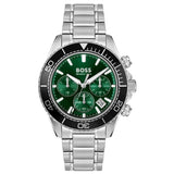 Ανδρικό ρολόι Boss Sealiner 1514321 χρονογράφος με ασημί μπρασελέ από ανοξείδωτο ατσάλι, πράσινο καντράν 44mm, ένδειξη ημερομηνίας και διπλή ώρα.