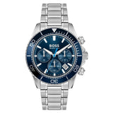 Ανδρικό ρολόι Boss Sealiner 1514322 χρονογράφος με ασημί μπρασελέ από ανοξείδωτο ατσάλι, μπλε καντράν 44mm, ένδειξη ημερομηνίας και διπλή ώρα.