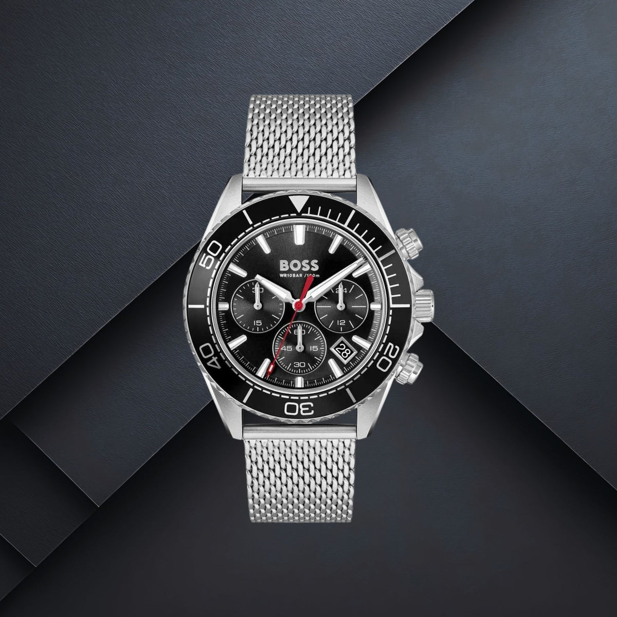 Ανδρικό ρολόι Boss Sealiner 1514324 με ασημί μπρασελέ, μαύρο καντρά 44mm, ημερομηνία και χρονογράφο