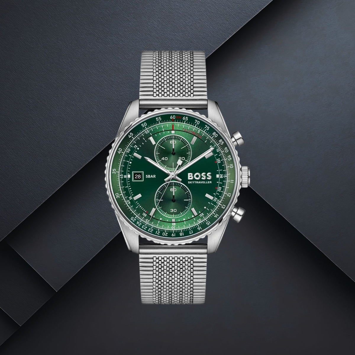 Ανδρικό ρολόι Boss Skytraveller 1514347 με ασημί μπρασελέ, πράσινο καντράν 44mm, ημερομηνία και χρονογράφο