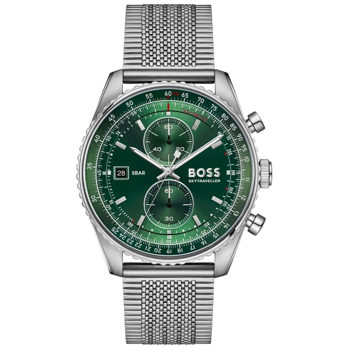 Ανδρικό ρολόι Boss Skytraveller 1514347 με ασημί μπρασελέ και πράσινο καντράν