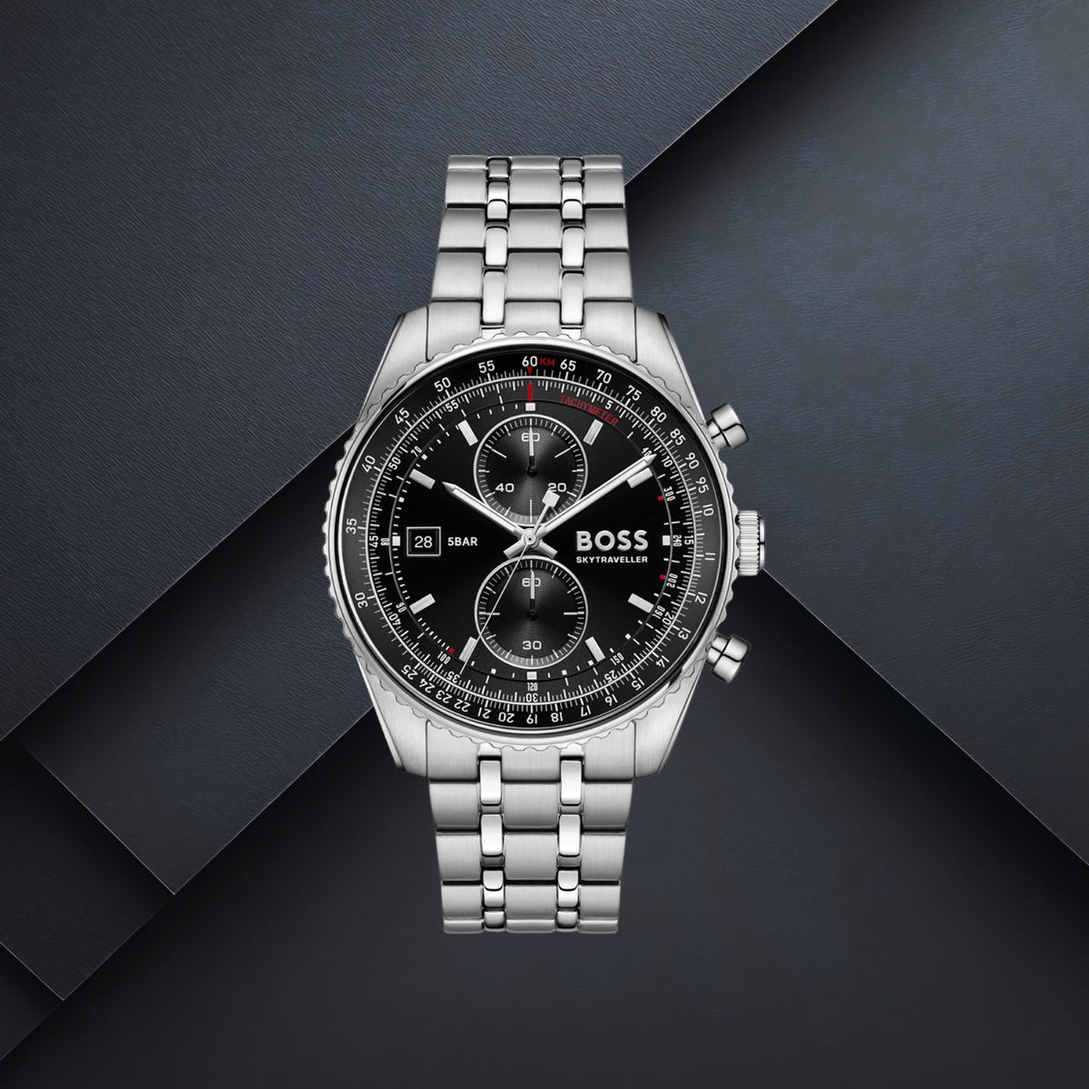Ανδρικό ρολόι Boss Skytraveller 1514349 με ασημί μπρασελέ, μαύρο καντράν 43mm, ημερομηνία και χρονογράφο