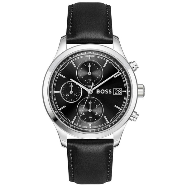 Ανδρικό ρολόι Boss Stratus 1514326 με μαύρο δερμάτινο λουράκι και μαύρο καντράν