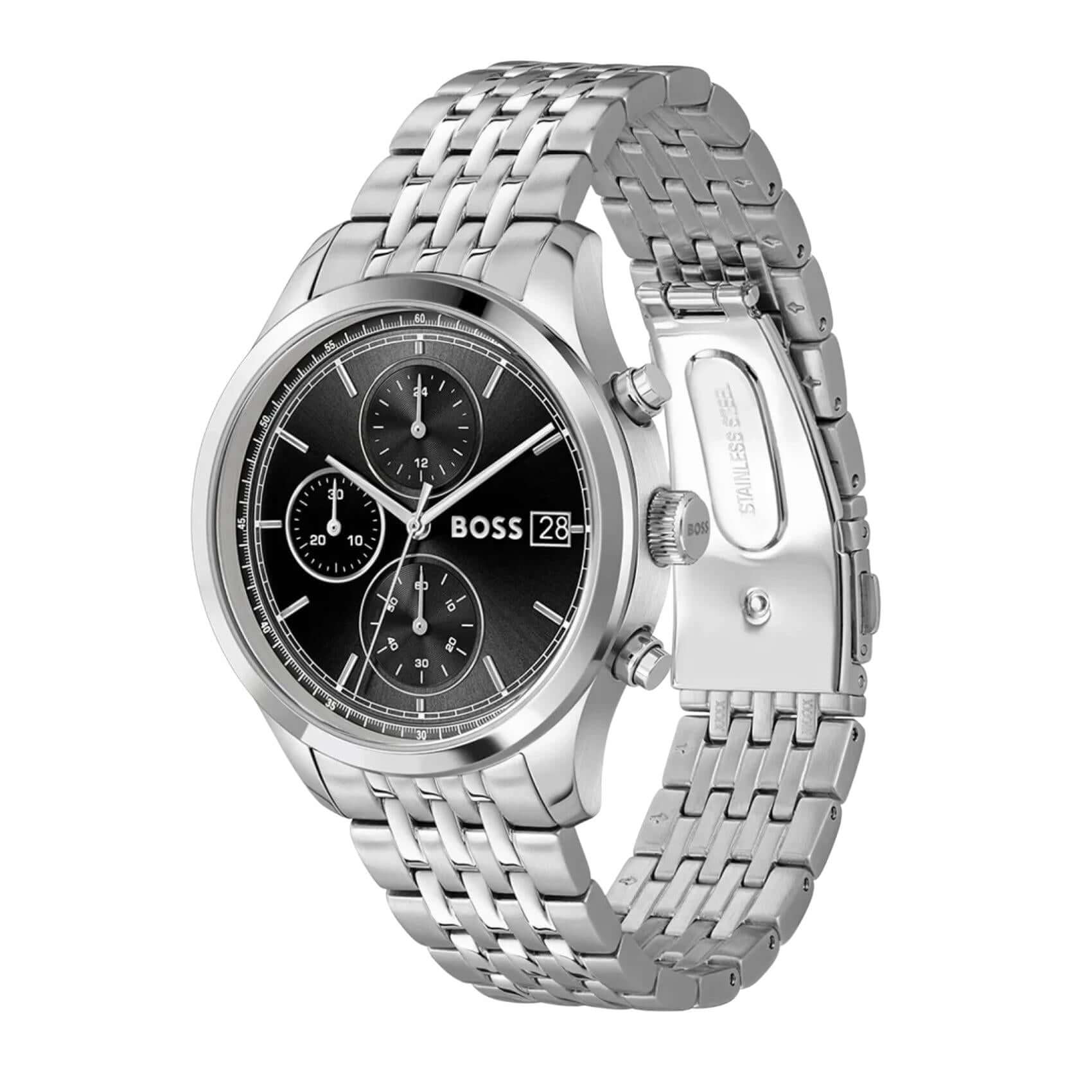 Μαύρο καντράν 41mm του ανδρικού ρολογιού Boss Stratus 1514328 με χρονογράφο, ένδειξη ημερομηνίας, διπλή ώρα και ορυκτό κρύσταλλο ειδικής σκλήρυνσης.