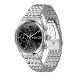 Μαύρο καντράν 41mm του ανδρικού ρολογιού Boss Stratus 1514328 με χρονογράφο, ένδειξη ημερομηνίας, διπλή ώρα και ορυκτό κρύσταλλο ειδικής σκλήρυνσης.